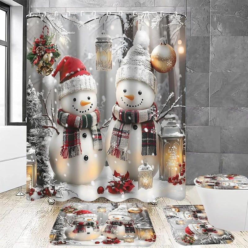 Chrainy Christmas Snowmen Shower Curtain Sets 4Pcs White Winter Snowflake Bathroom Set Holiday Decor with Non-Slip Rugs Bath U-Shaped Mat Toilet Lid Cover with 12 Hooks - Image 1